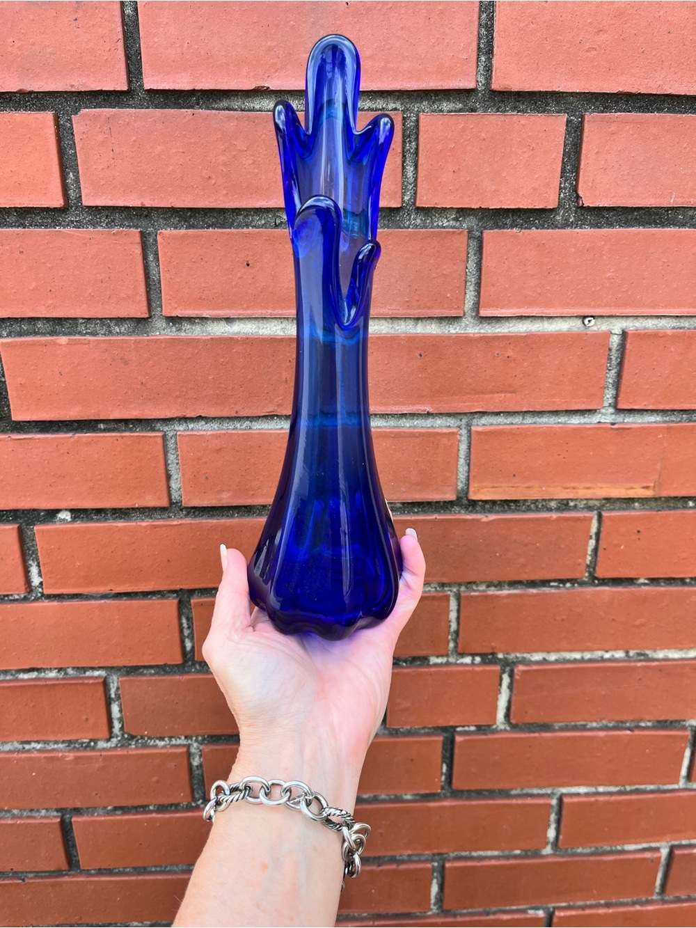 Vintage Mid-Century Modern Swung Vase Finger Stretch Cobalt Blue Flaw